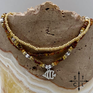 Tan Picasso Brown Pearl White Silver Stretchy Anklet