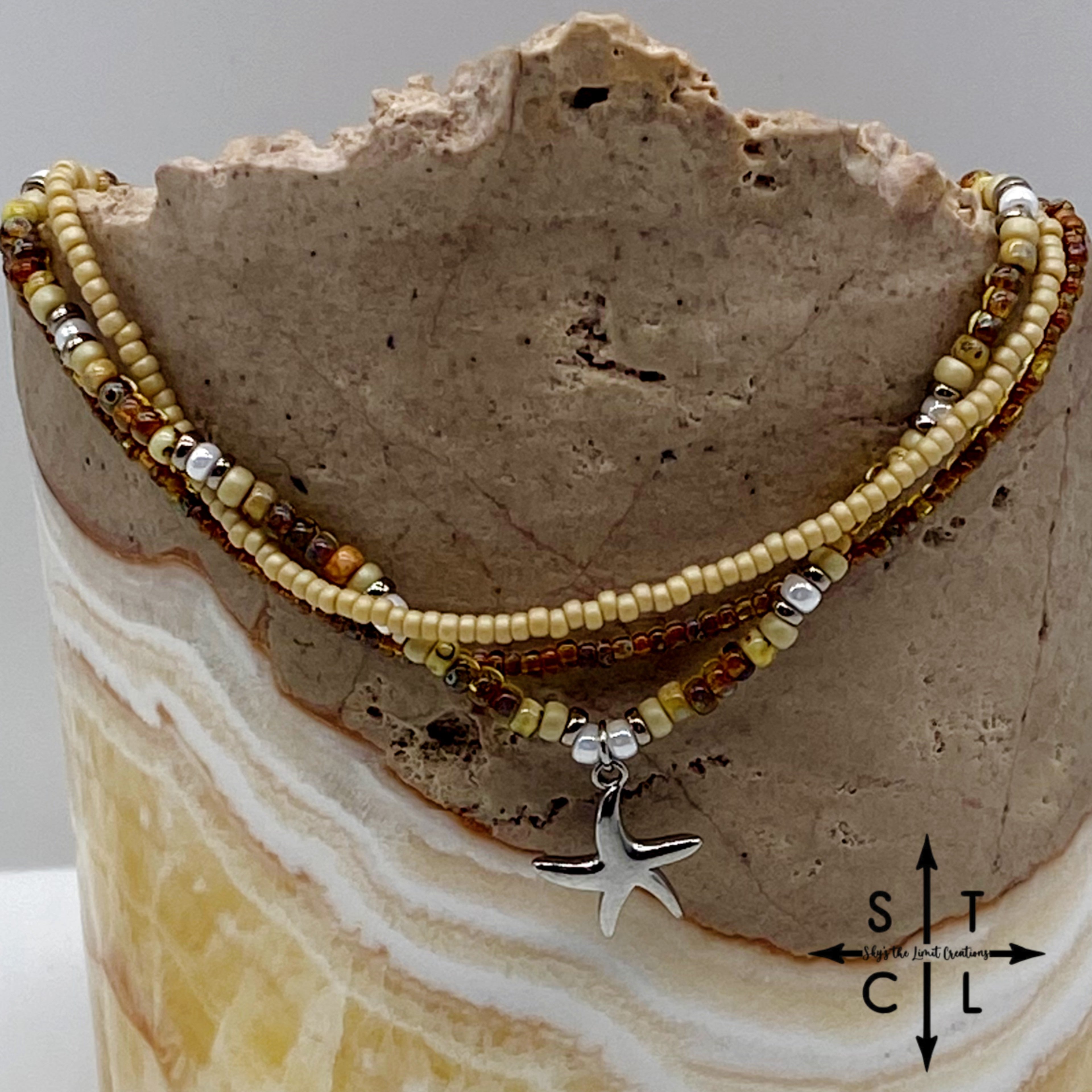 Tan Picasso Brown Pearl White Silver Stretchy Anklet
