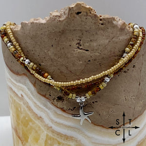 Tan Picasso Brown Pearl White Silver Stretchy Anklet