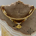 Load image into Gallery viewer, Tan Picasso Brown Pearl White Gold Stretchy Anklet
