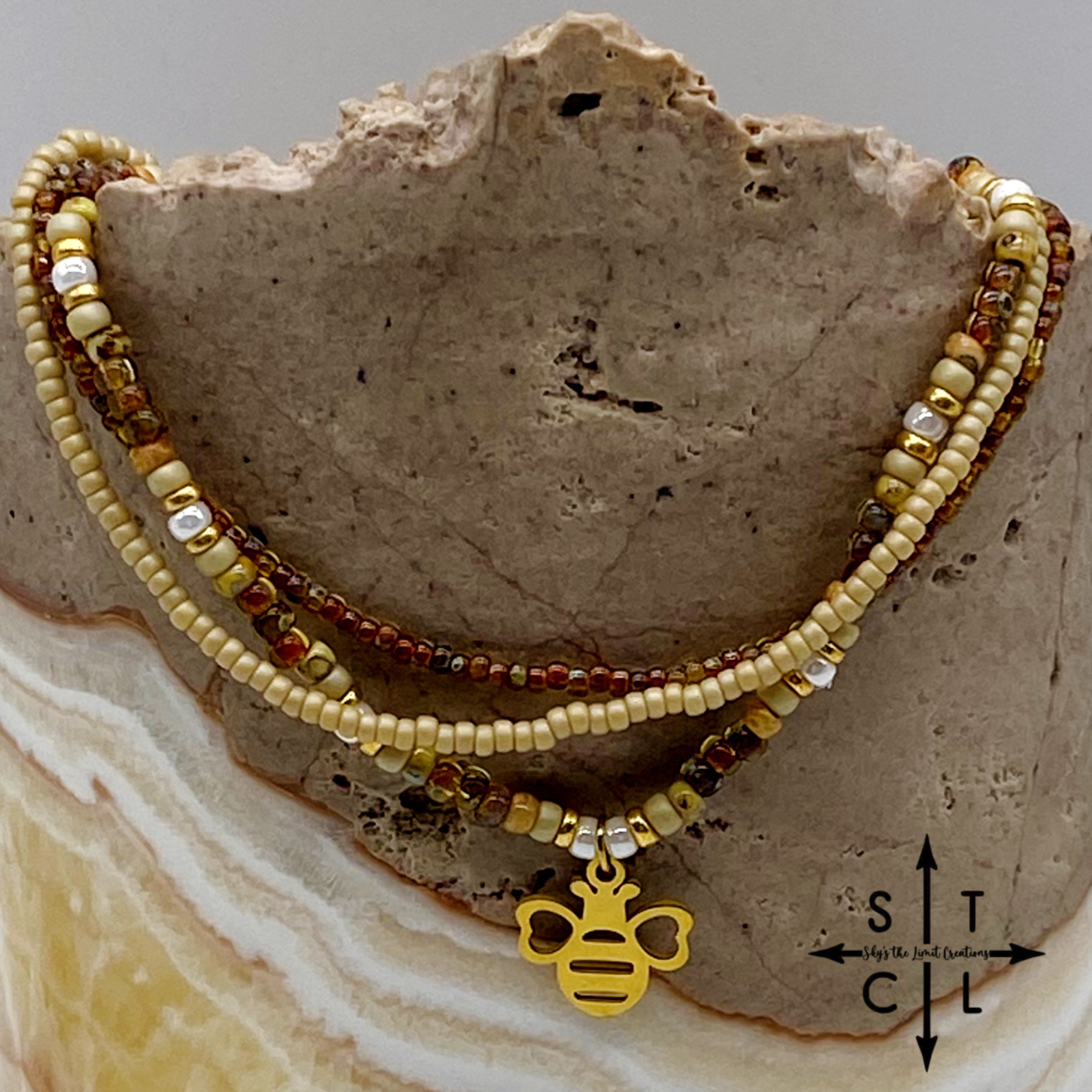Tan Picasso Brown Pearl White Gold Stretchy Anklet