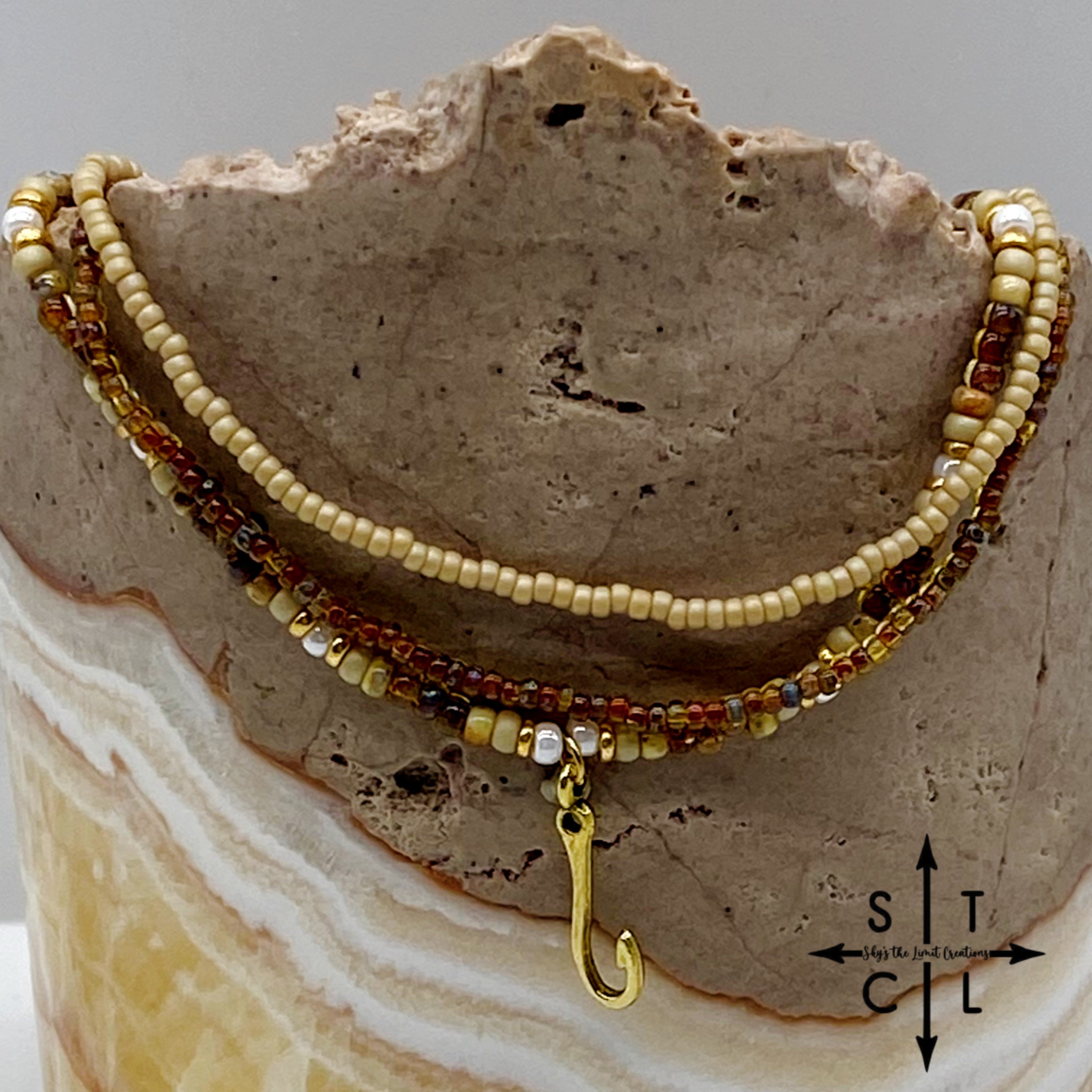 Tan Picasso Brown Pearl White Gold Stretchy Anklet