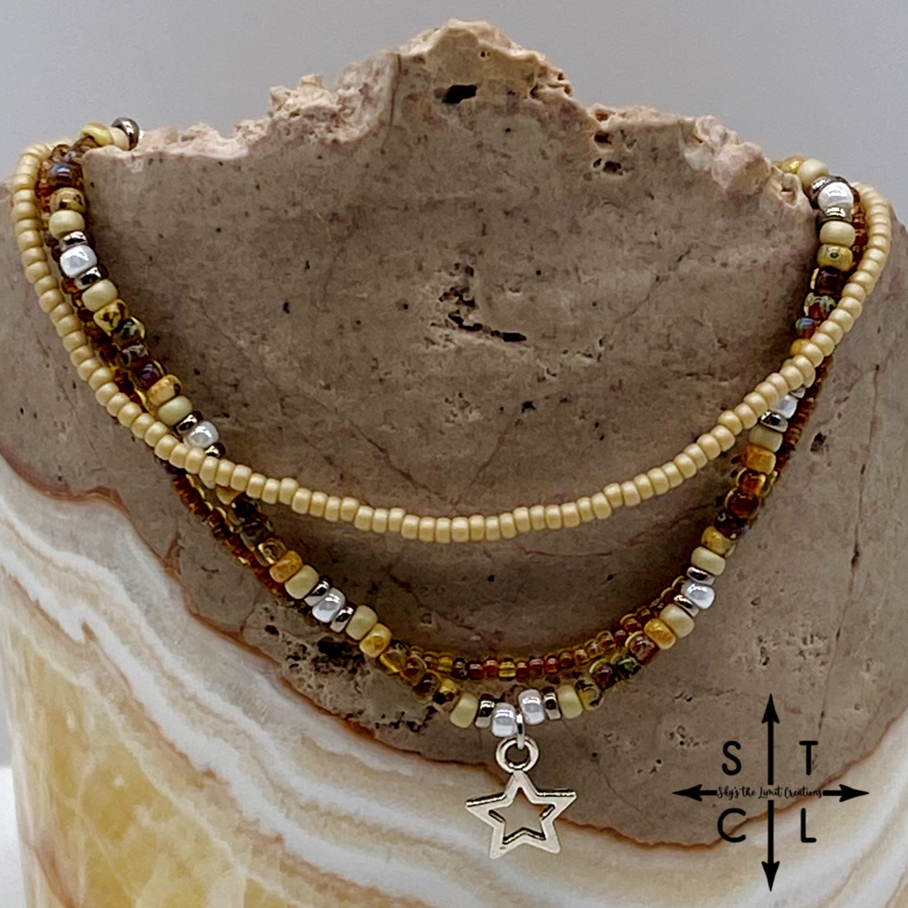 Tan Picasso Brown Pearl White Silver Stretchy Anklet
