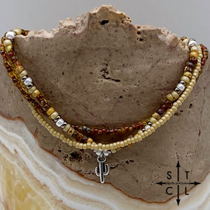 Tan Picasso Brown Pearl White Silver Stretchy Anklet
