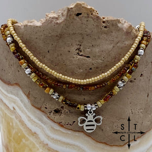 Tan Picasso Brown Pearl White Silver Stretchy Anklet