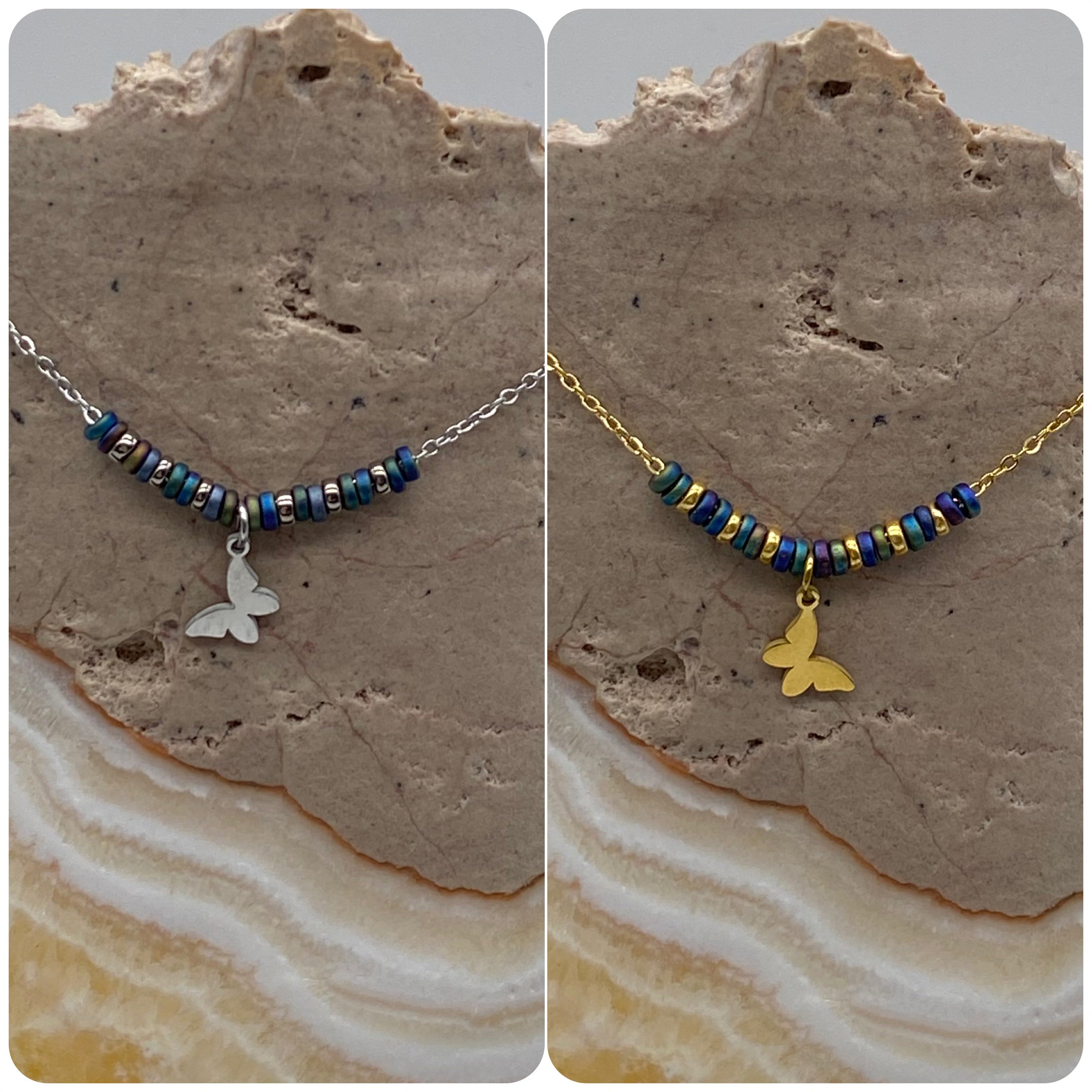 Peacock Blue Green Butterfly Charm Necklace