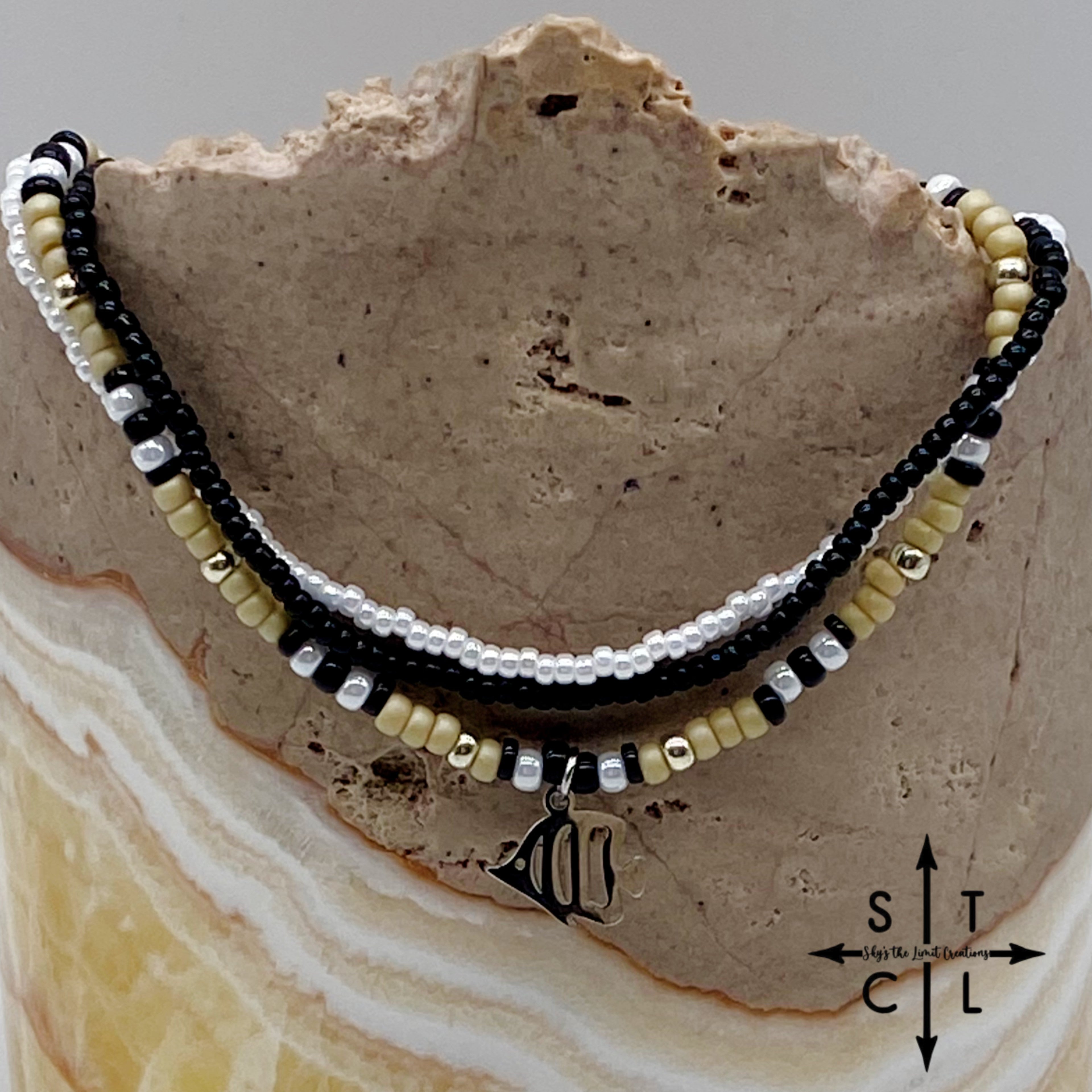 Tan Pearl White Black Silver Stretchy Anklet
