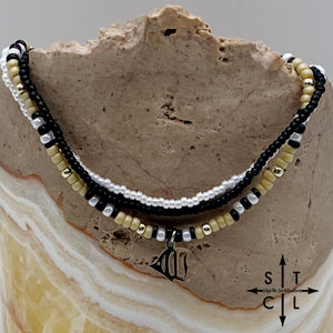 Tan Pearl White Black Silver Stretchy Anklet