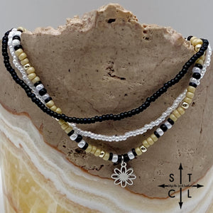 Tan Pearl White Black Silver Stretchy Anklet