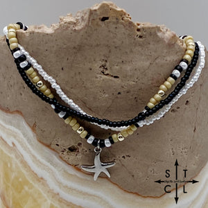 Tan Pearl White Black Silver Stretchy Anklet