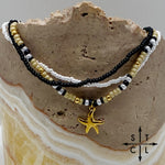 Load image into Gallery viewer, Tan Pearl White Black Gold Stretchy Anklet
