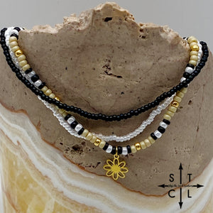 Tan Pearl White Black Gold Stretchy Anklet