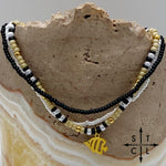 Load image into Gallery viewer, Tan Pearl White Black Gold Stretchy Anklet
