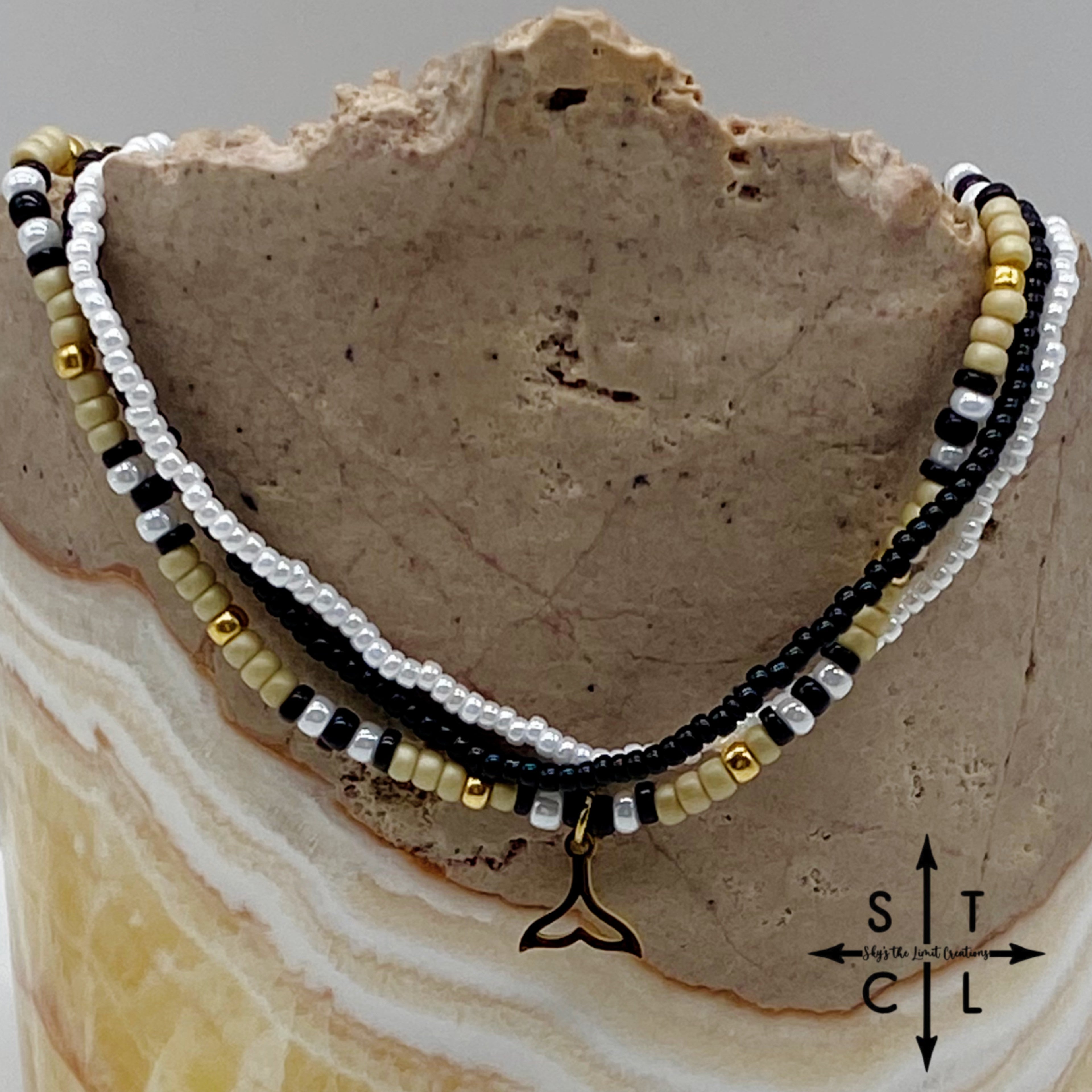 Tan Pearl White Black Gold Stretchy Anklet