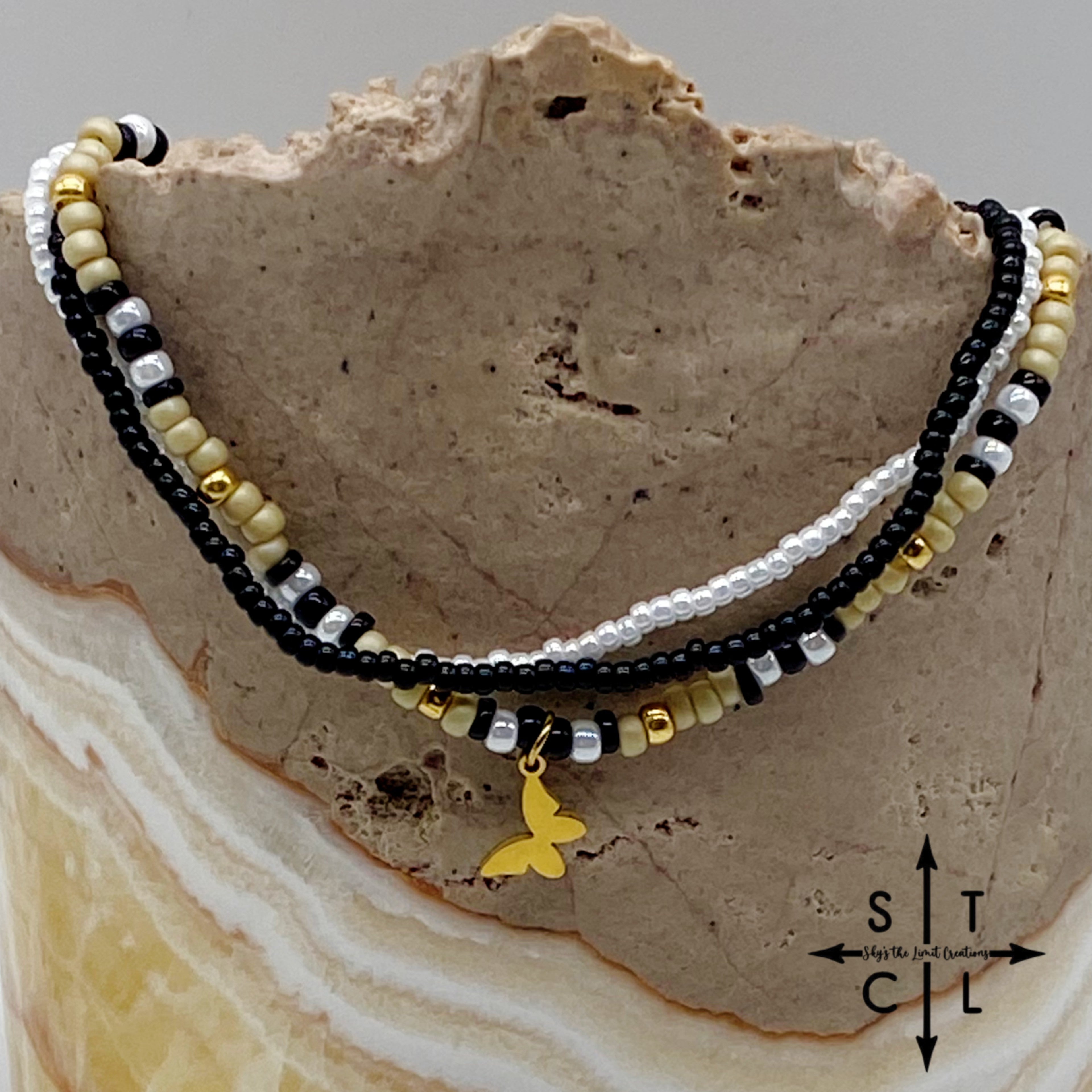Tan Pearl White Black Gold Stretchy Anklet