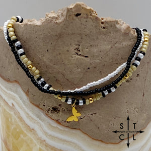 Tan Pearl White Black Gold Stretchy Anklet