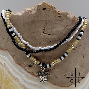 Tan Pearl White Black Silver Stretchy Anklet
