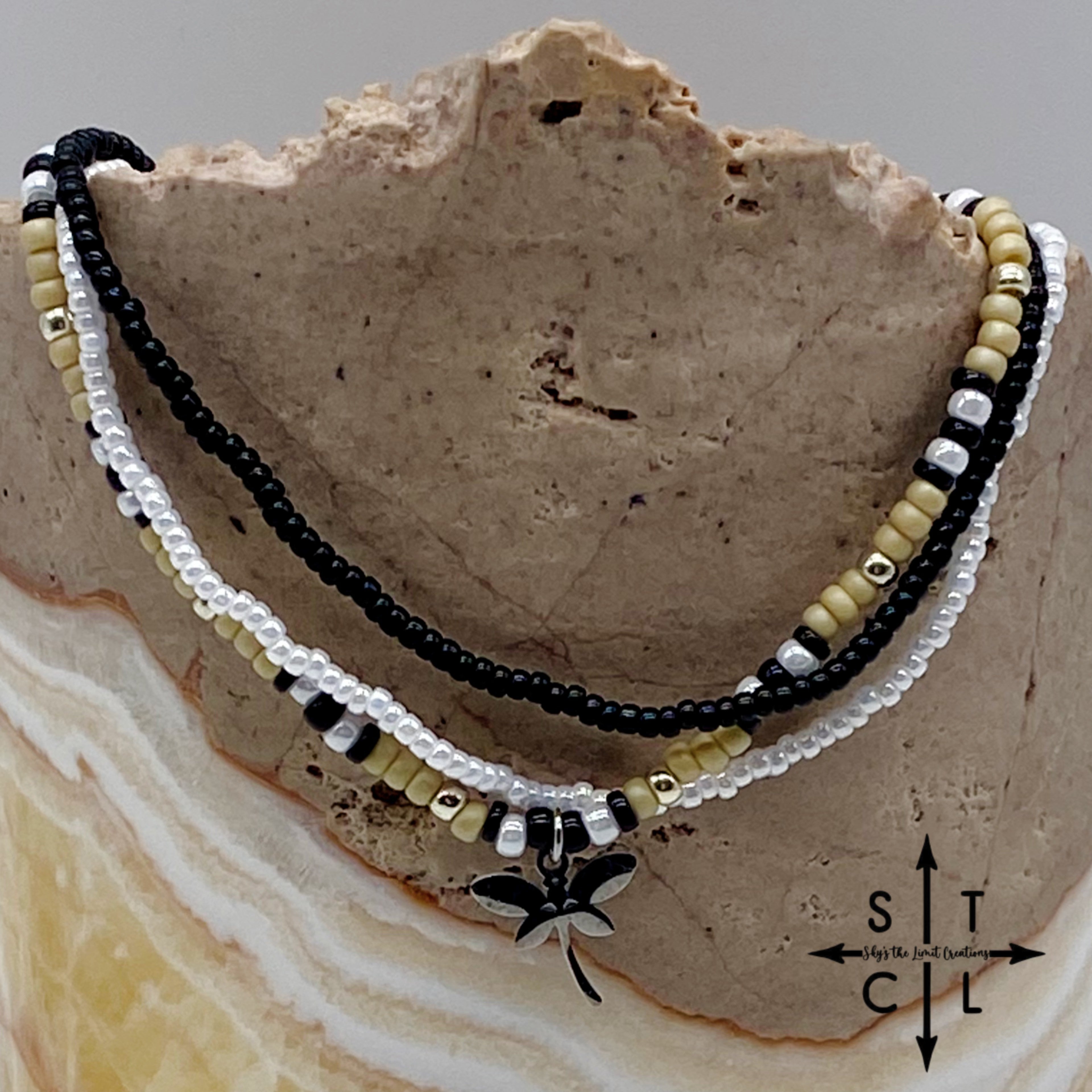 Tan Pearl White Black Silver Stretchy Anklet