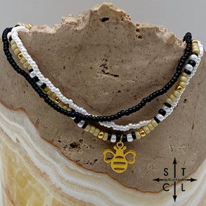 Tan Pearl White Black Gold Stretchy Anklet