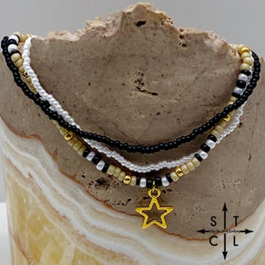 Tan Pearl White Black Gold Stretchy Anklet