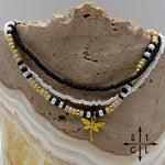 Load image into Gallery viewer, Tan Pearl White Black Gold Stretchy Anklet
