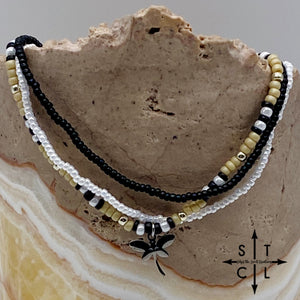 Tan Pearl White Black Silver Stretchy Anklet