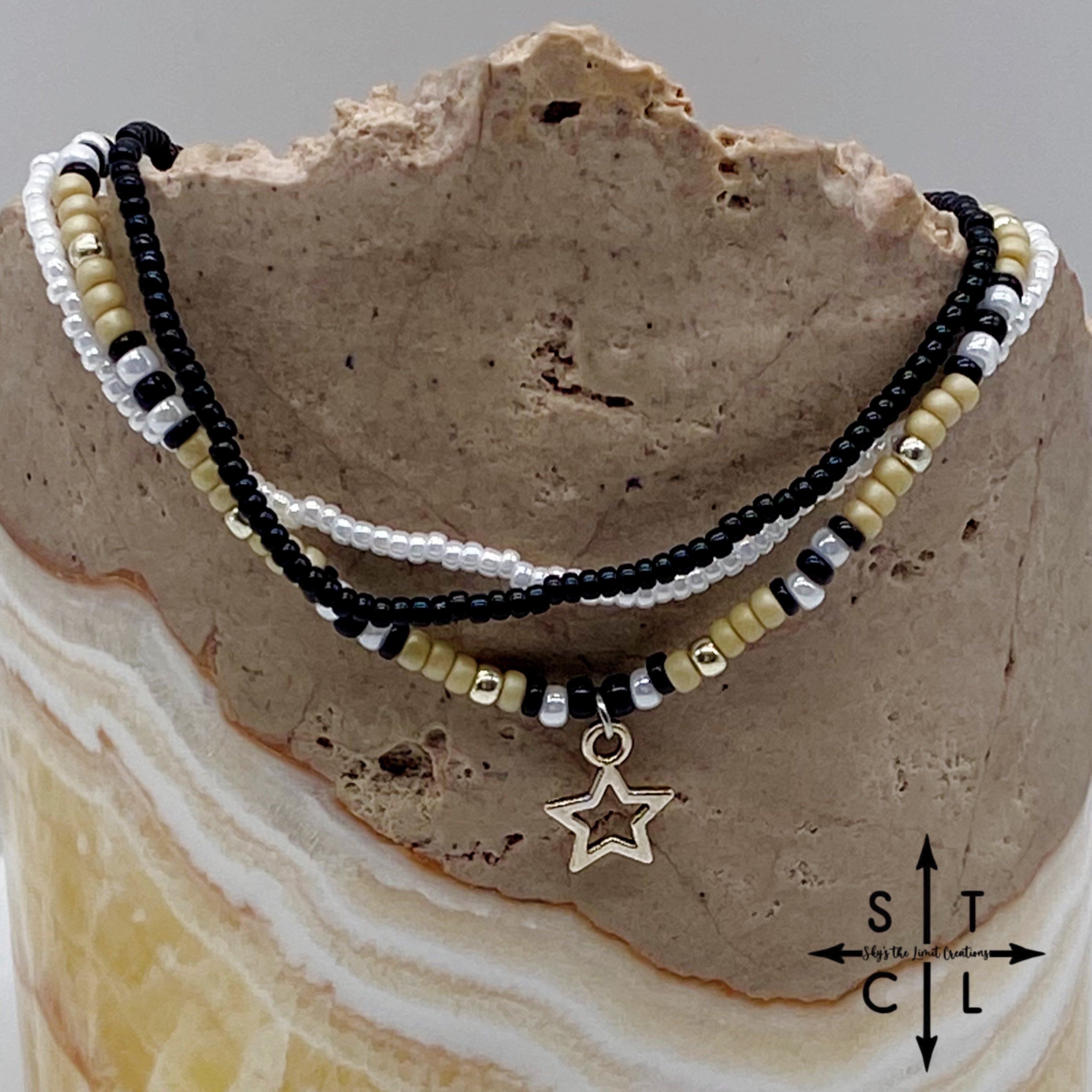 Tan Pearl White Black Silver Stretchy Anklet