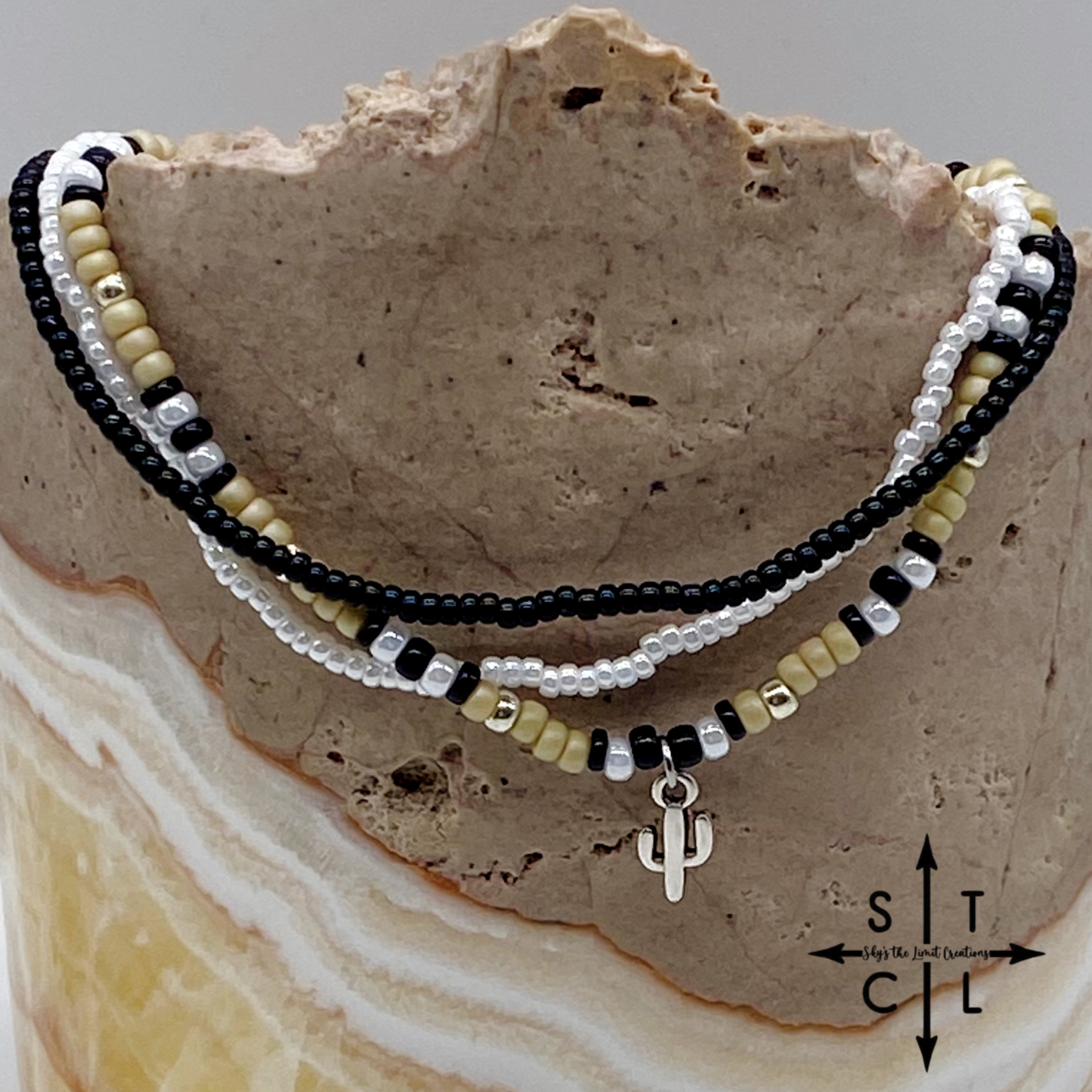 Tan Pearl White Black Silver Stretchy Anklet