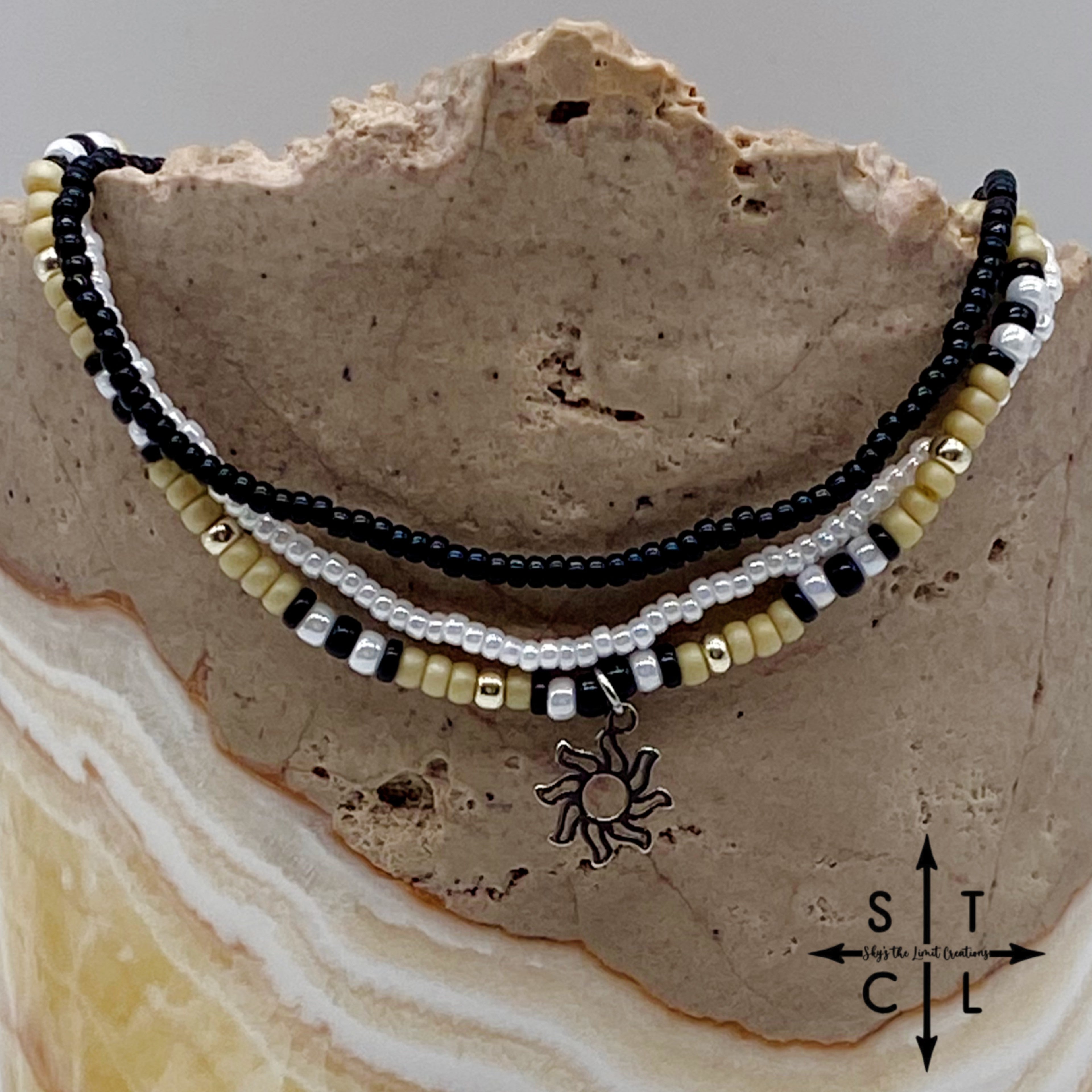 Tan Pearl White Black Silver Stretchy Anklet