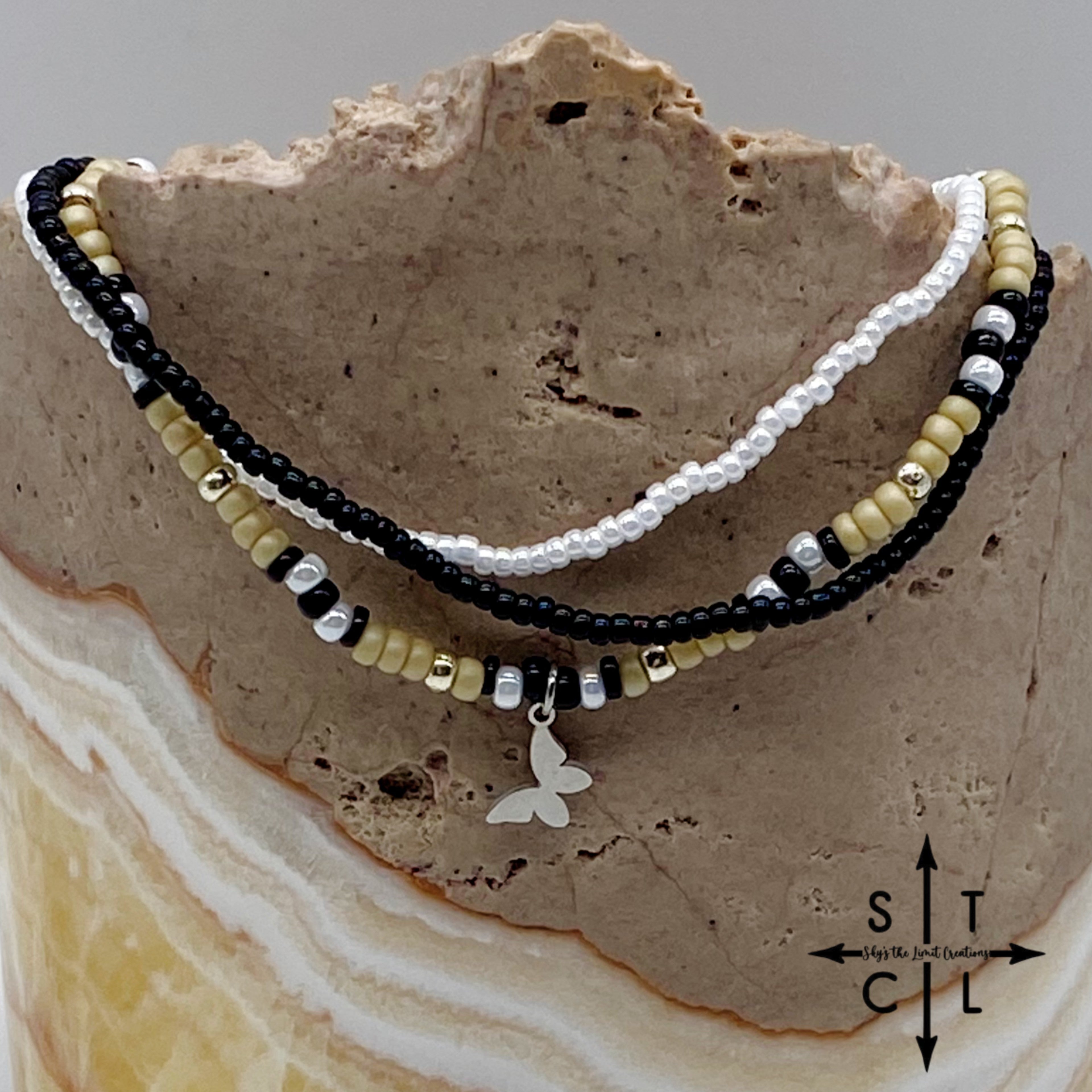 Tan Pearl White Black Silver Stretchy Anklet