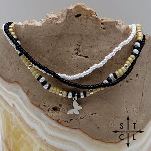 Tan Pearl White Black Silver Stretchy Anklet