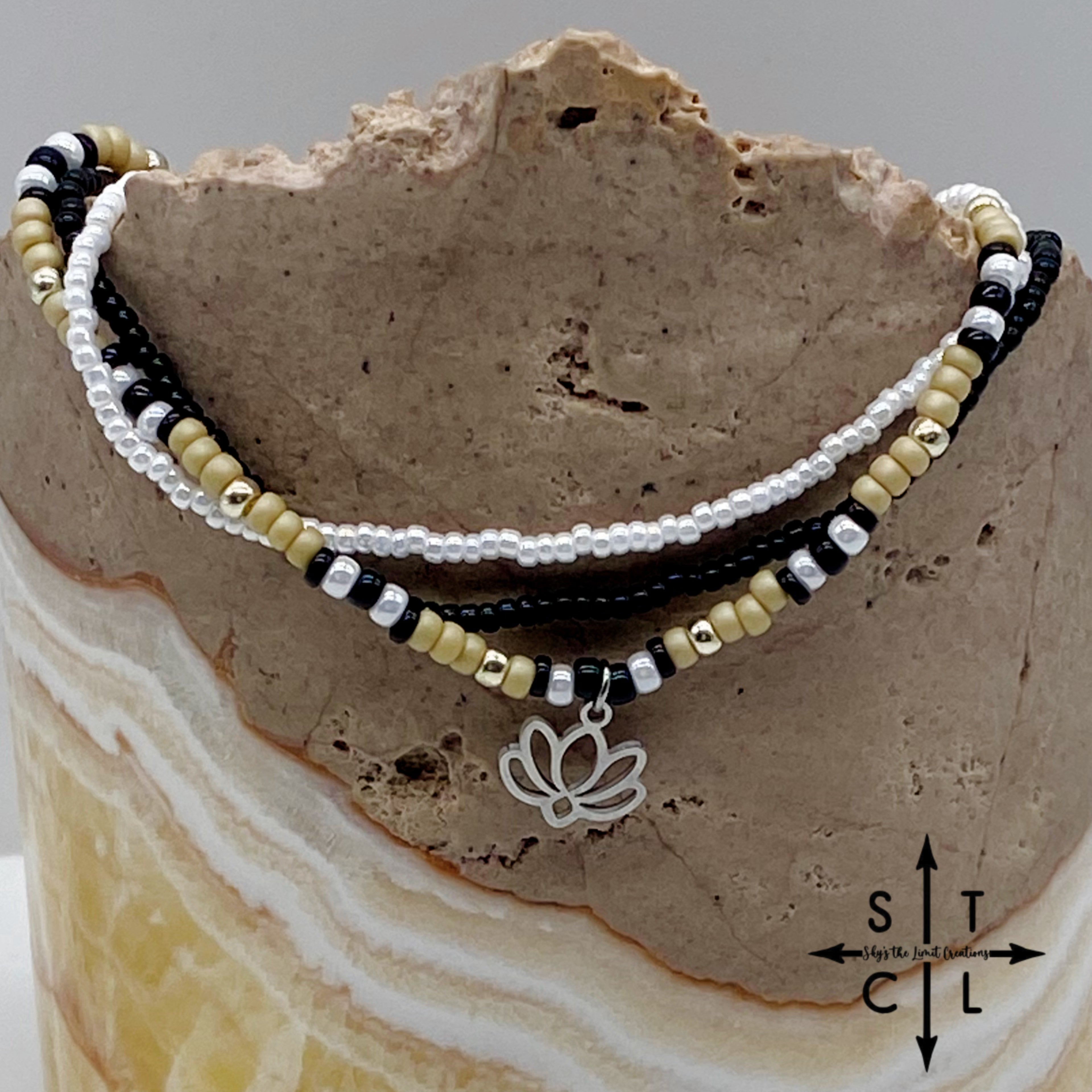 Tan Pearl White Black Silver Stretchy Anklet