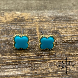 Gold With Solid Turquoise Clover Stud Earrings