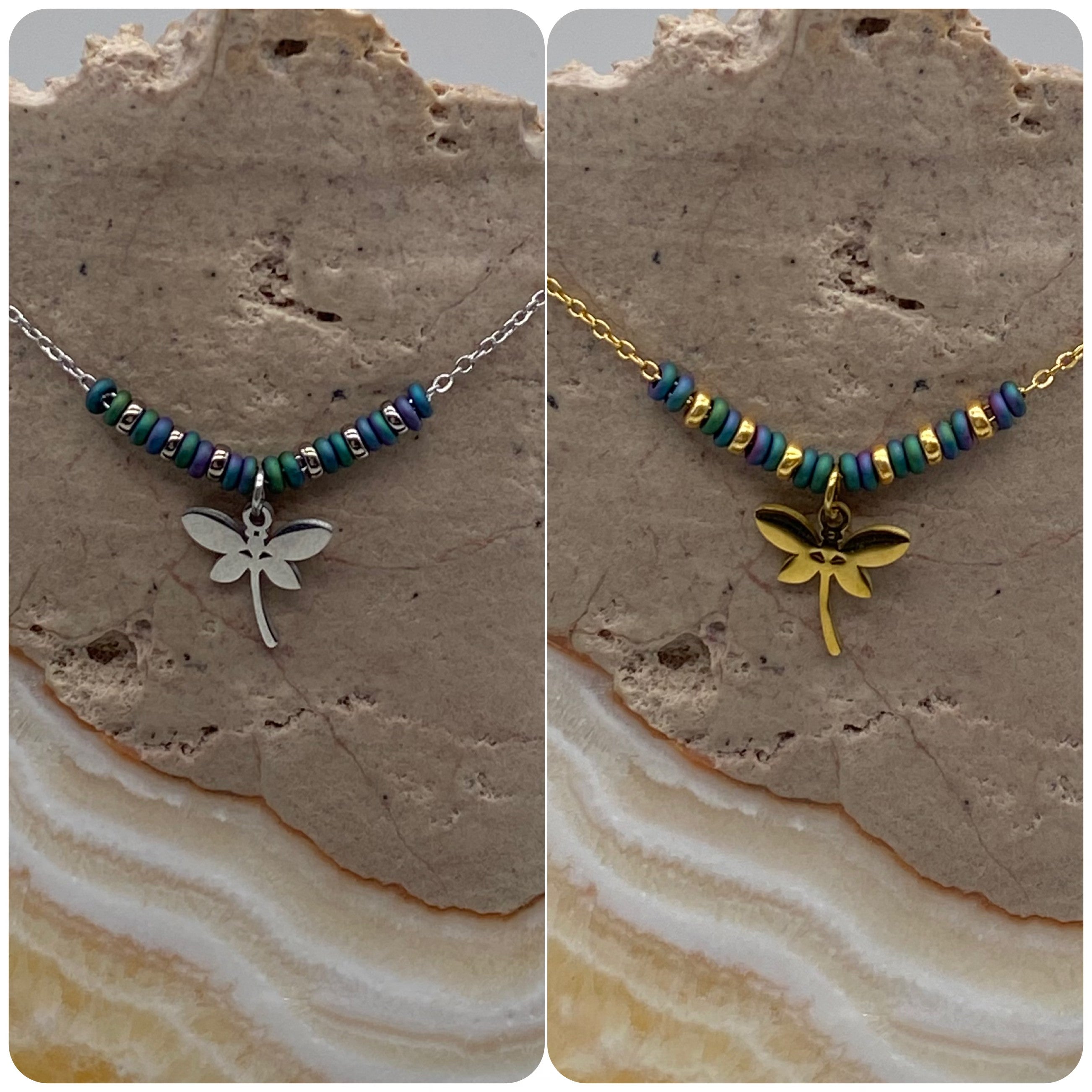 Peacock Blue Green Dragonfly Charm Necklace