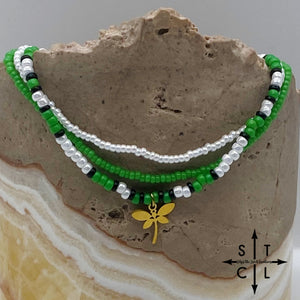 Green Pearl White Black Gold Stretchy Anklet