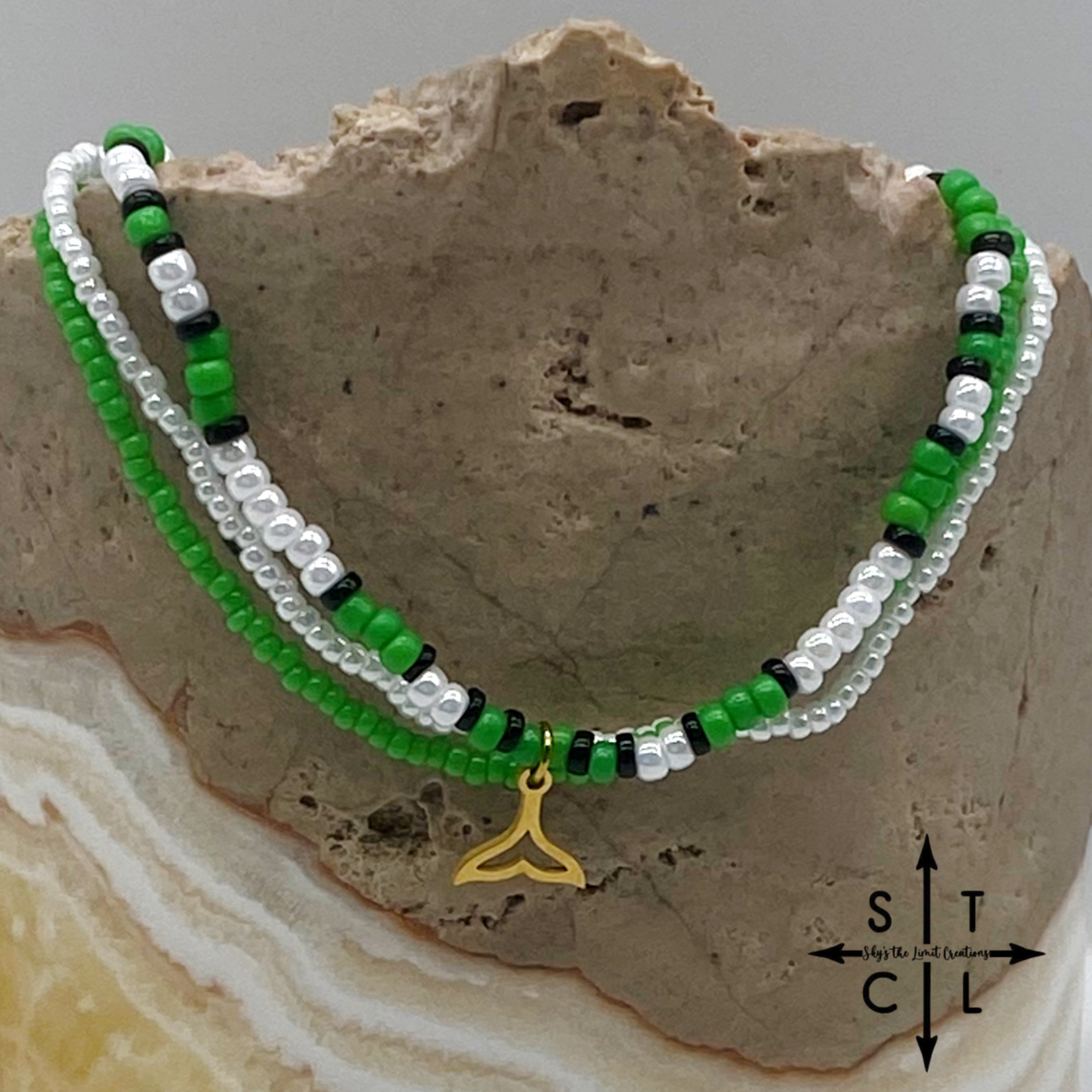 Green Pearl White Black Gold Stretchy Anklet