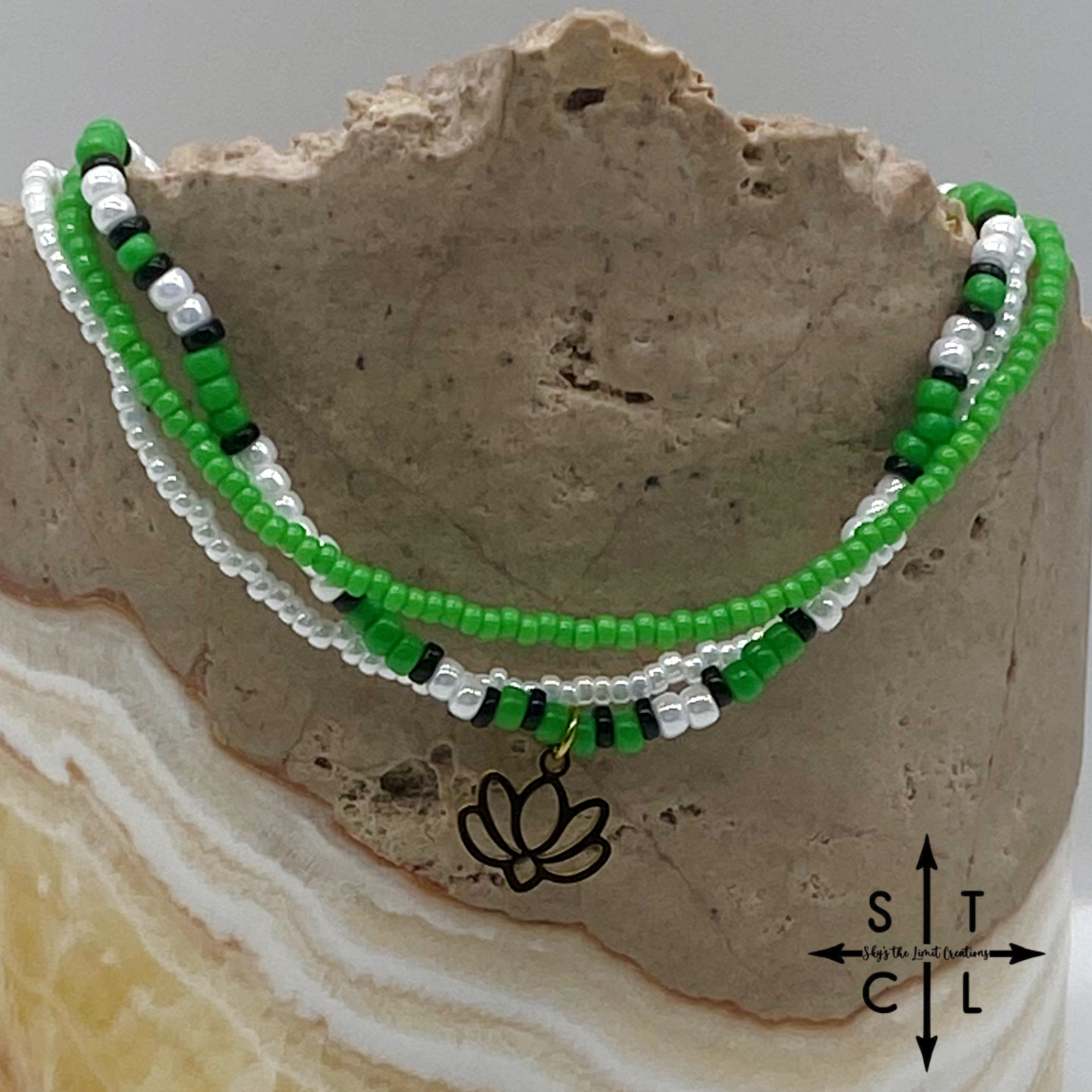 Green Pearl White Black Silver Stretchy Anklet