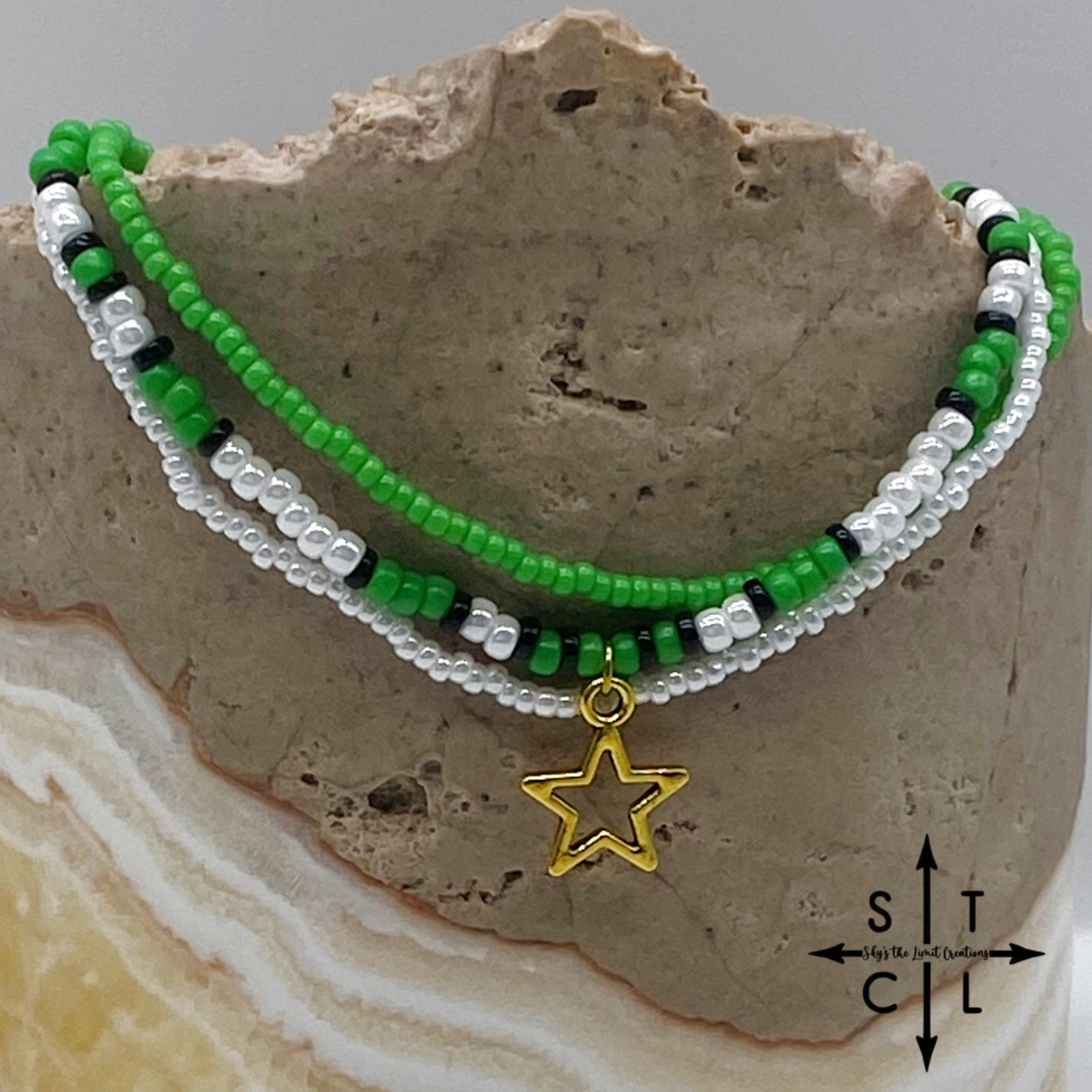 Green Pearl White Black Gold Stretchy Anklet