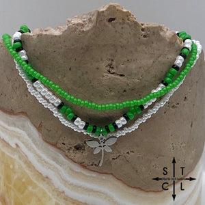 Green Pearl White Black Silver Stretchy Anklet