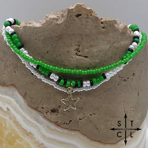 Green Pearl White Black Silver Stretchy Anklet