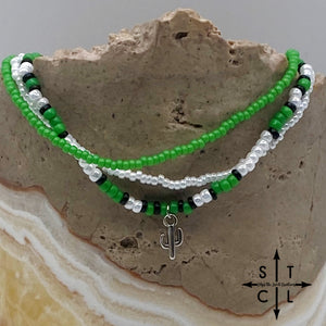 Green Pearl White Black Silver Stretchy Anklet