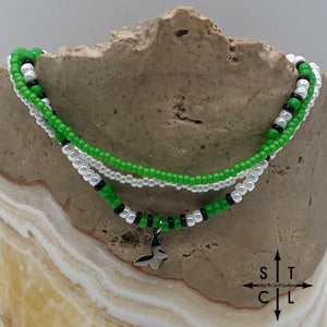 Green Pearl White Black Silver Stretchy Anklet