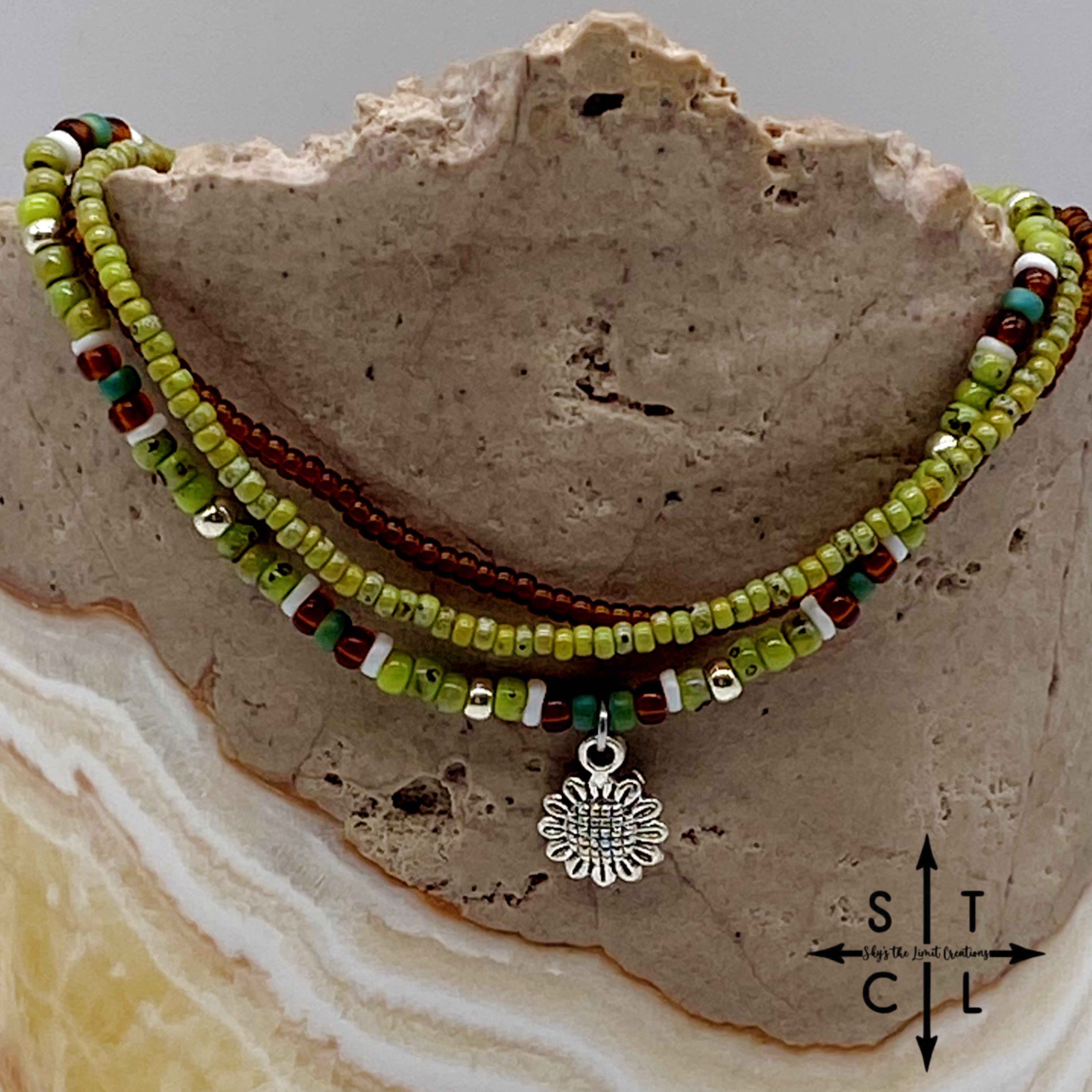 Picasso Green Brown Dark Turquoise White Silver Stretchy Anklet