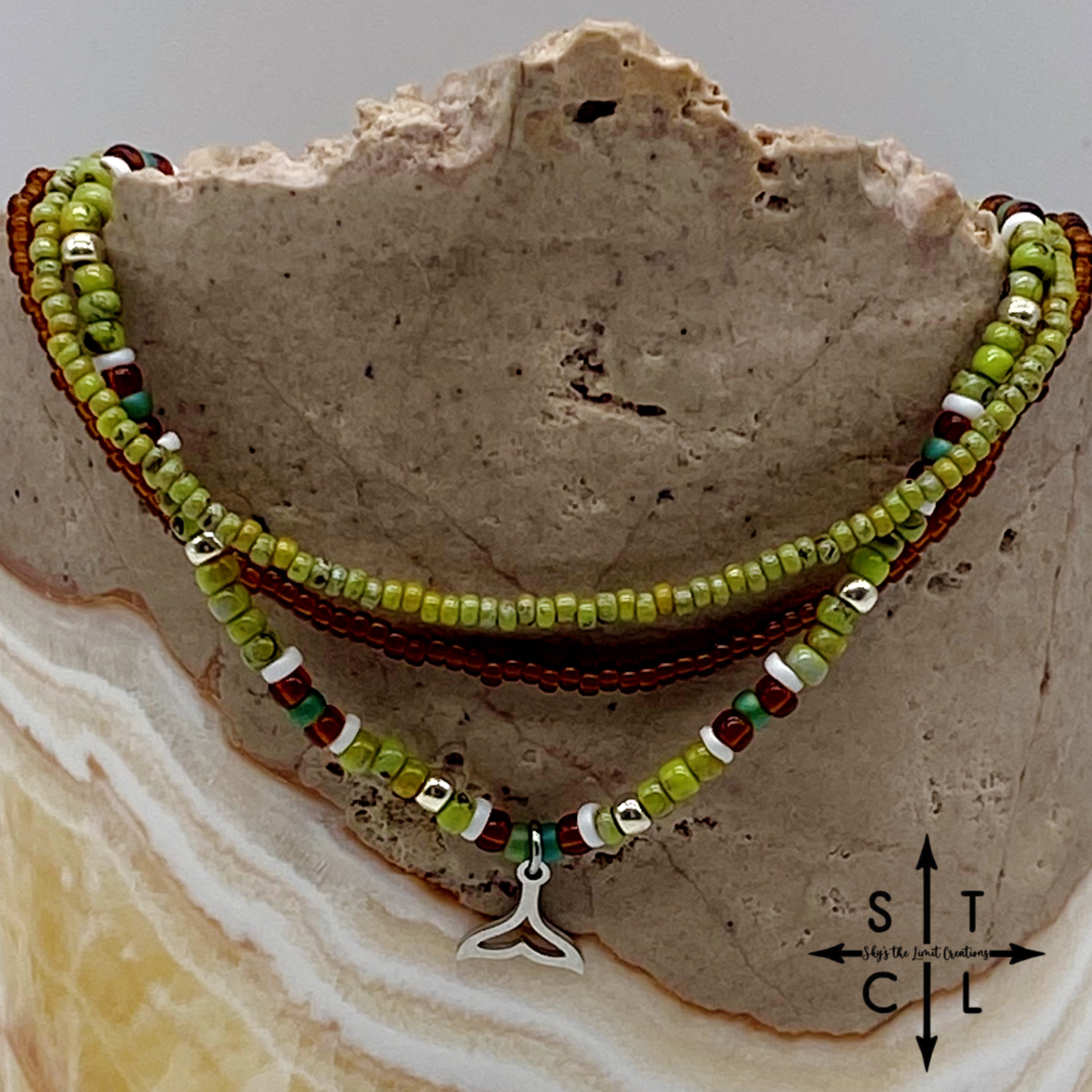 Picasso Green Brown Dark Turquoise White Silver Stretchy Anklet