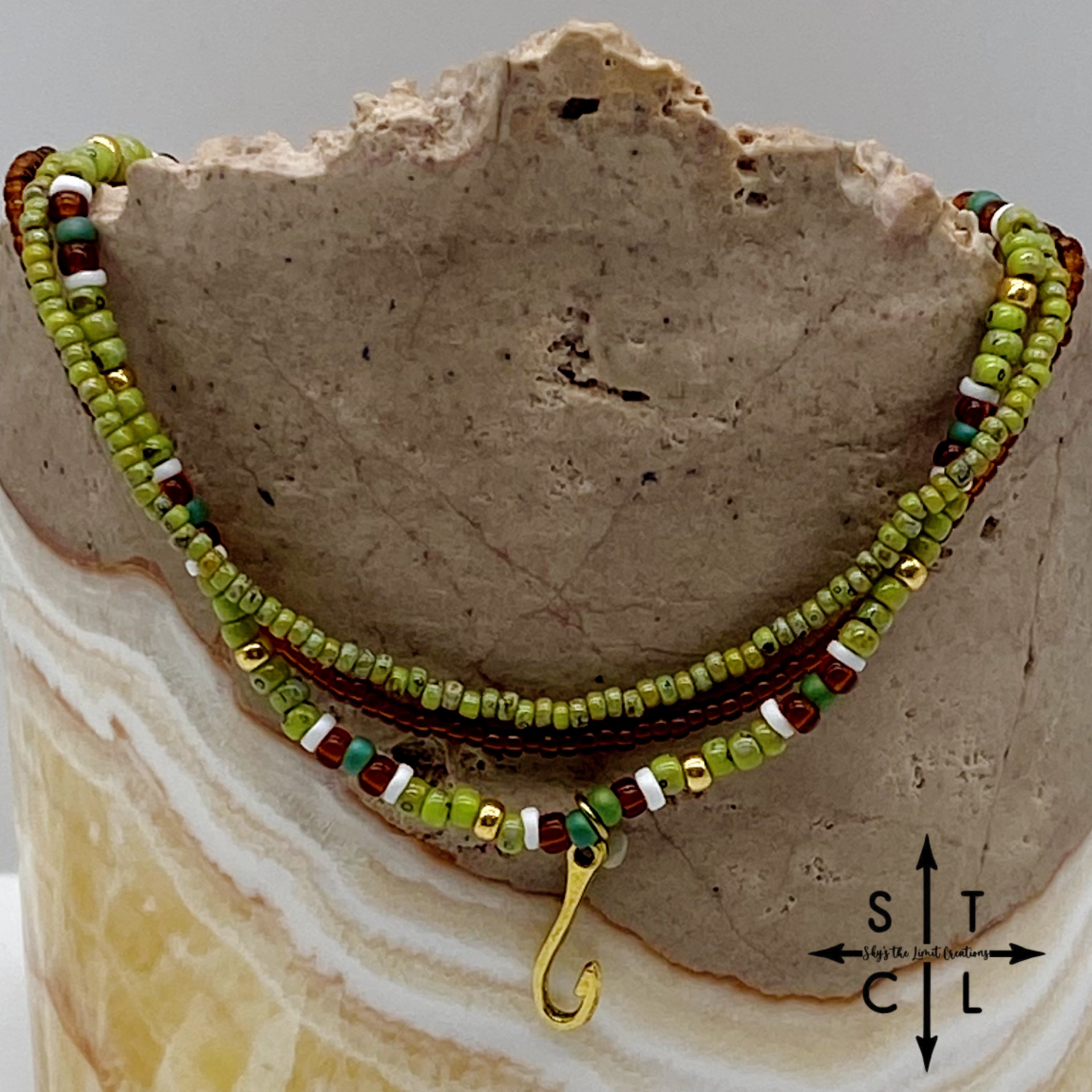 Picasso Green Brown Dark Turquoise White Gold Stretchy Anklet