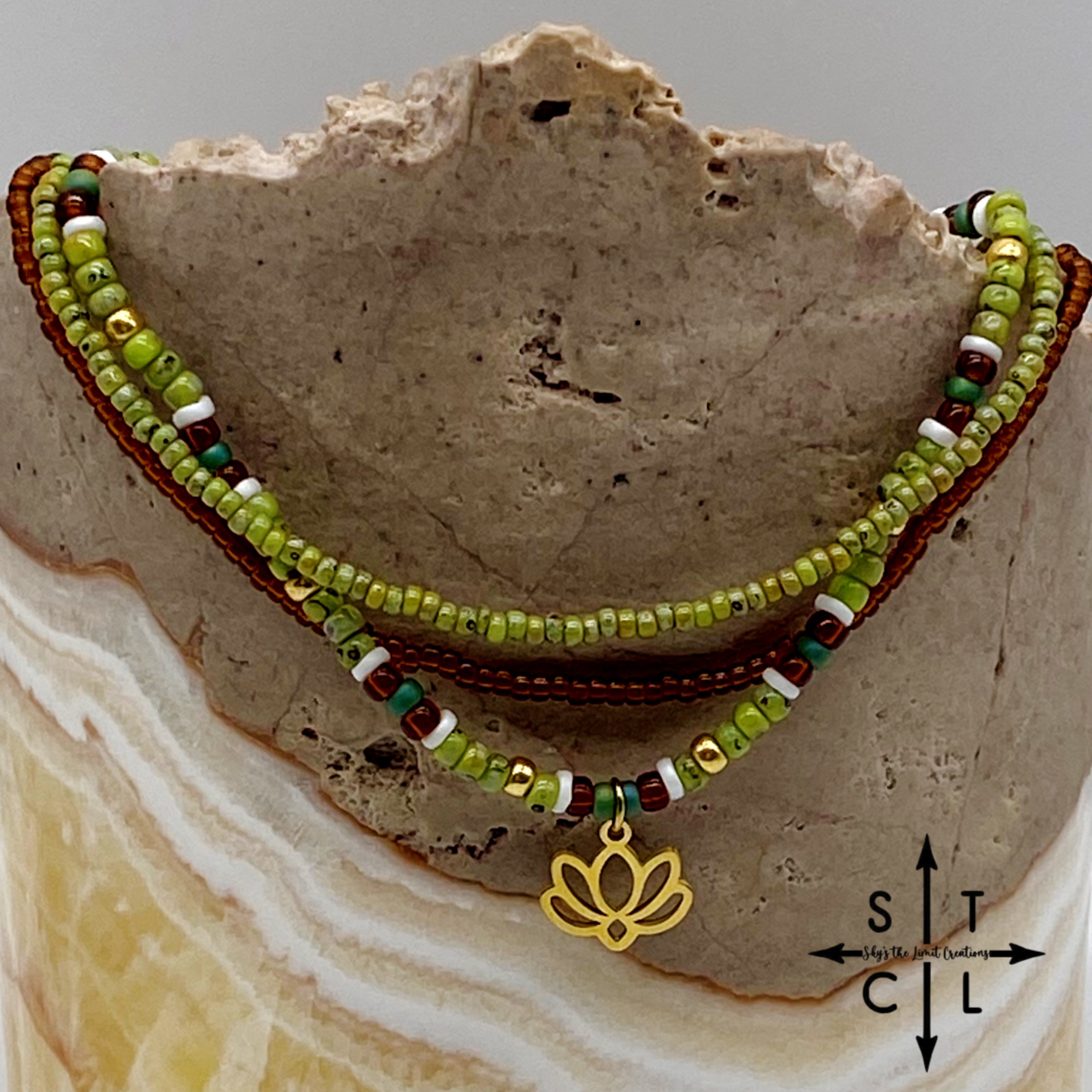 Picasso Green Brown Dark Turquoise White Gold Stretchy Anklet