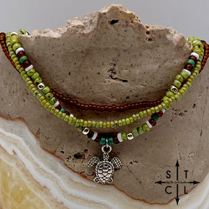 Picasso Green Brown Dark Turquoise White Silver Stretchy Anklet