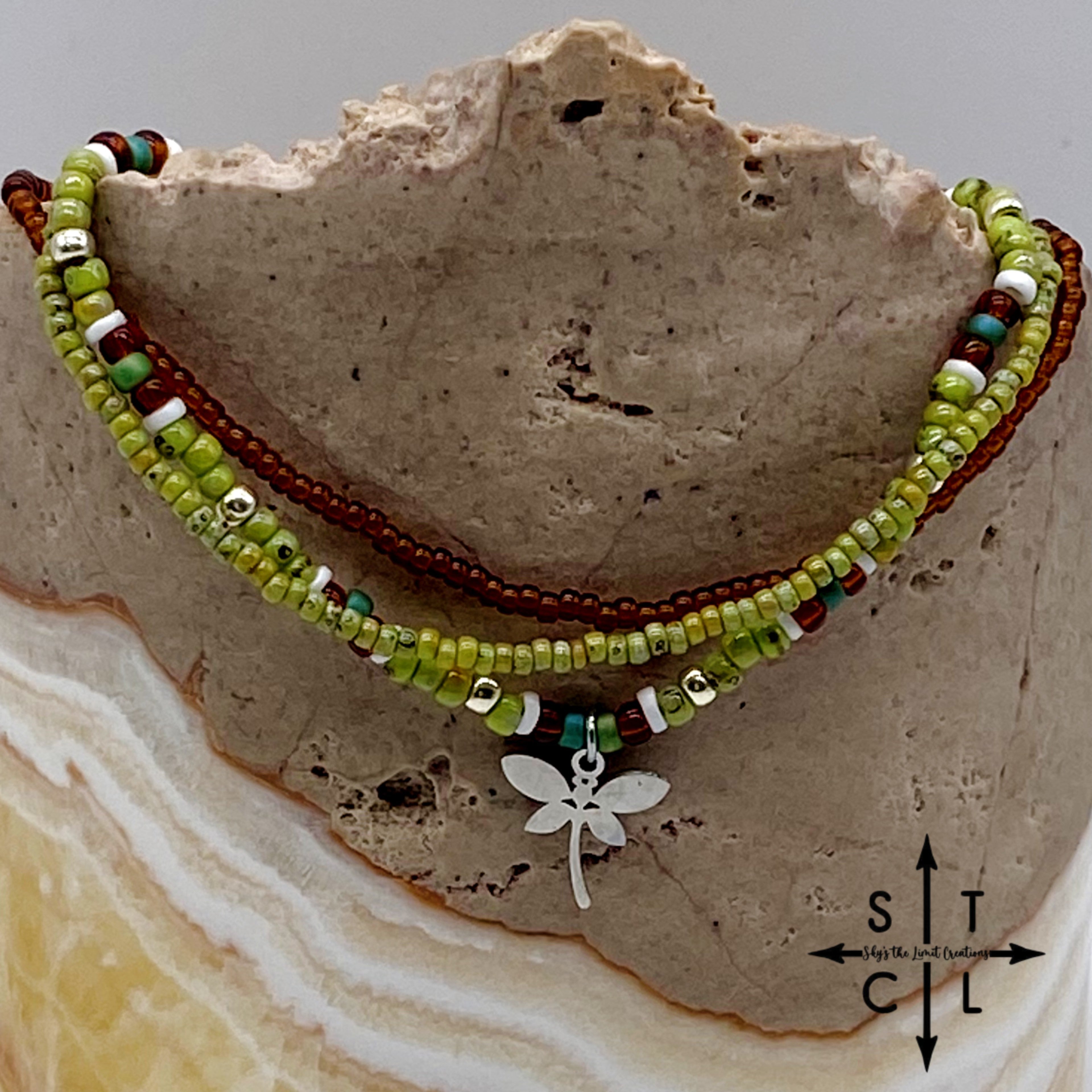 Picasso Green Brown Dark Turquoise White Silver Stretchy Anklet