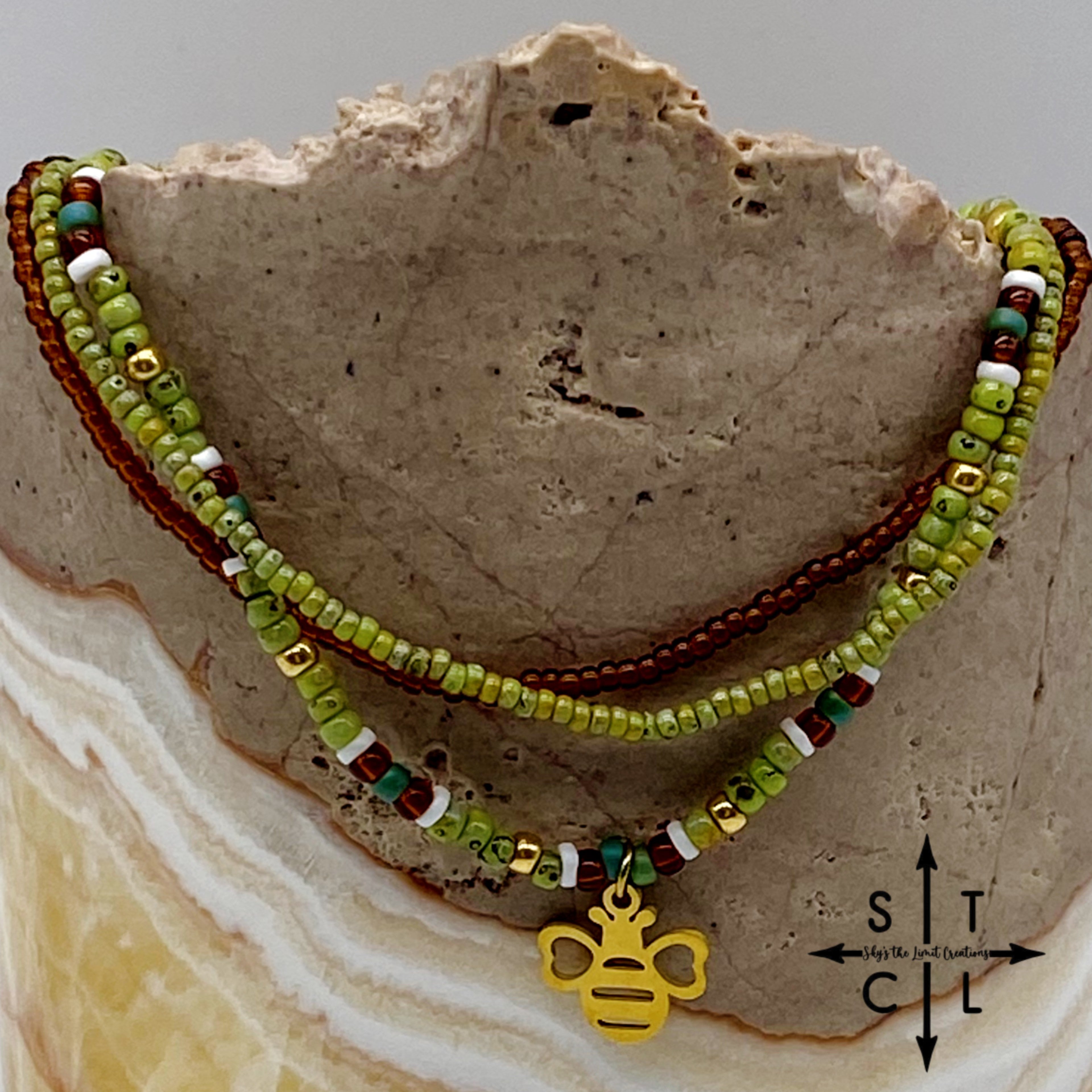 Picasso Green Brown Dark Turquoise White Gold Stretchy Anklet