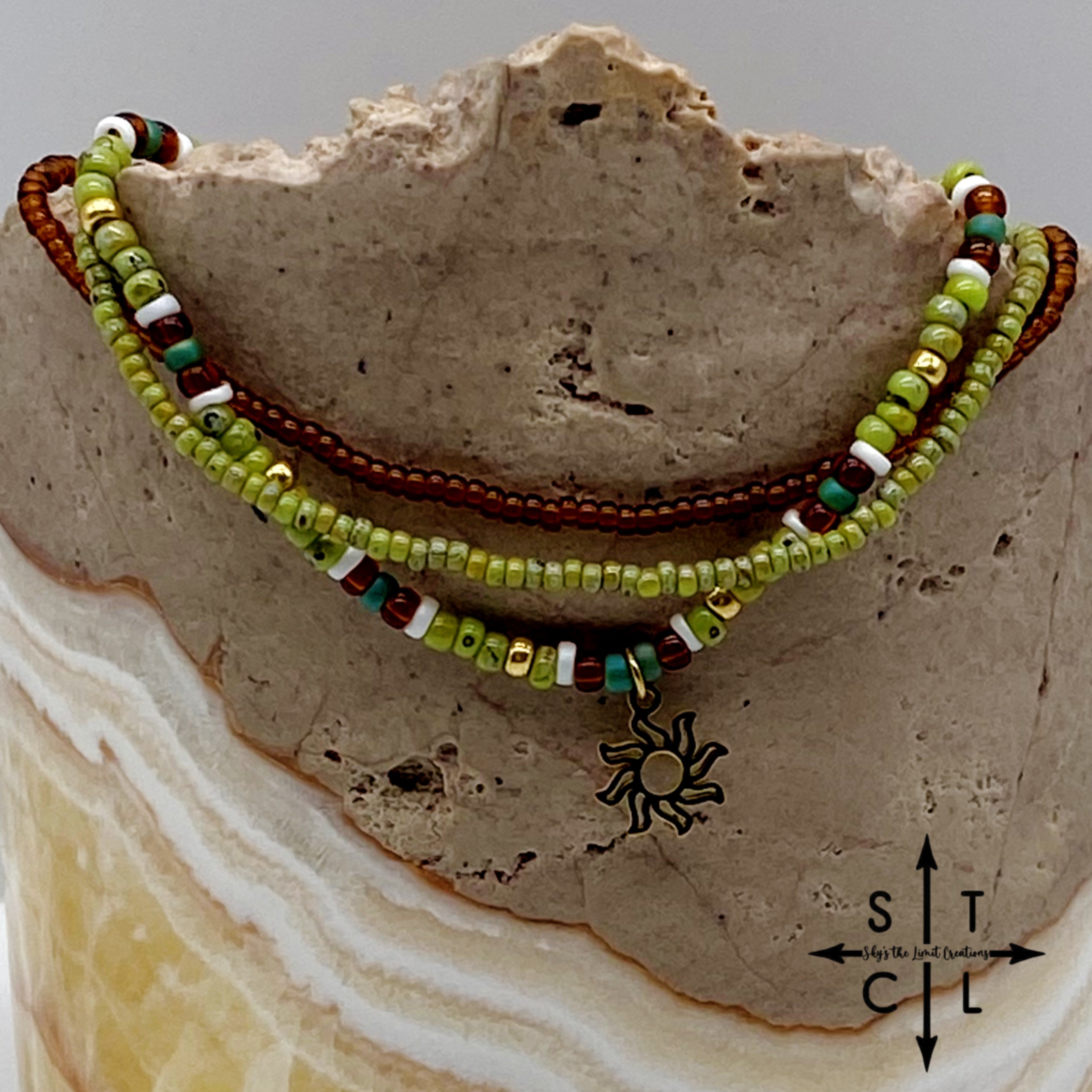 Picasso Green Brown Dark Turquoise White Gold Stretchy Anklet